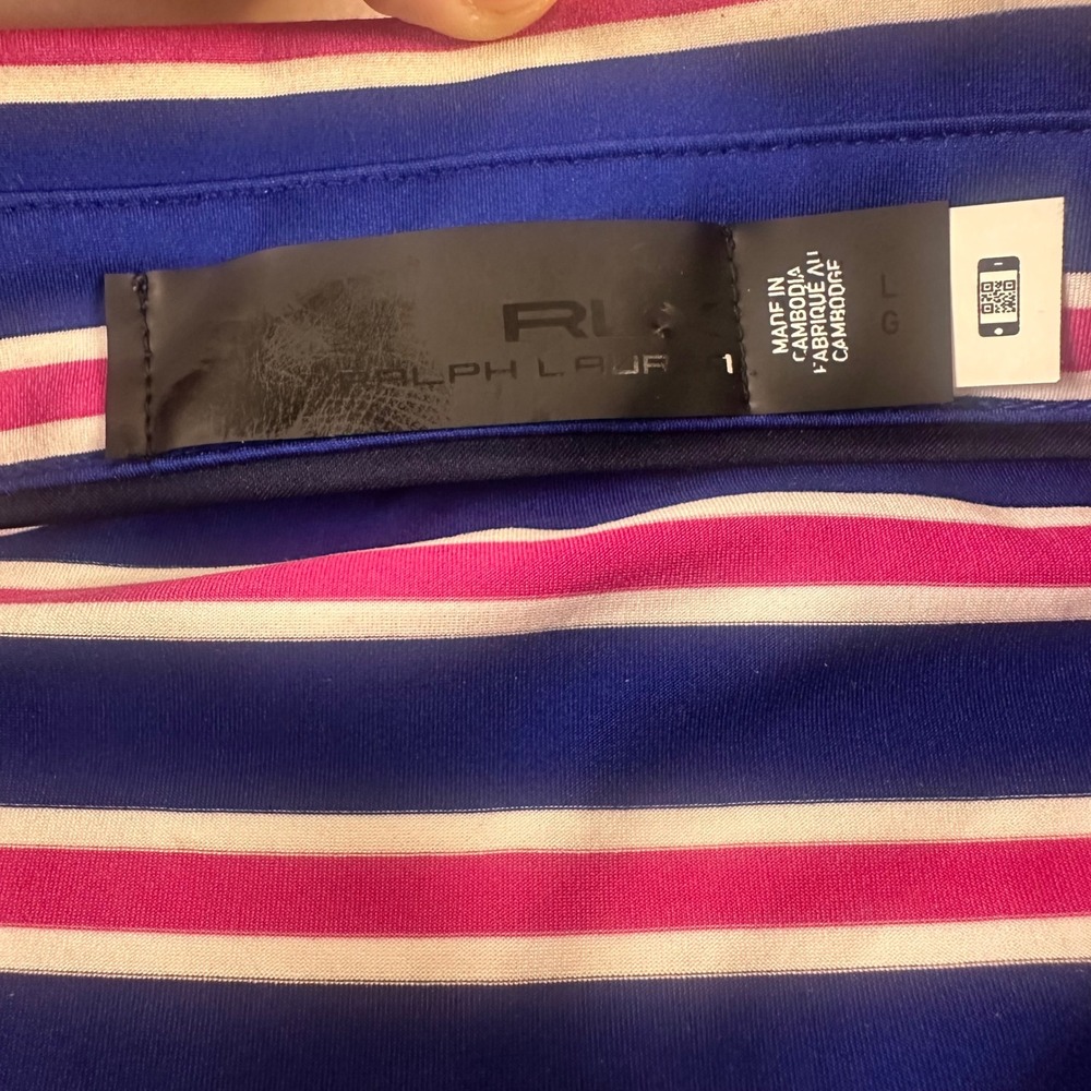 RLX Ralph Lauren Mens Large Blue Pink Striped Golf Polo Shirt embroidered M - Picture 4 of 9